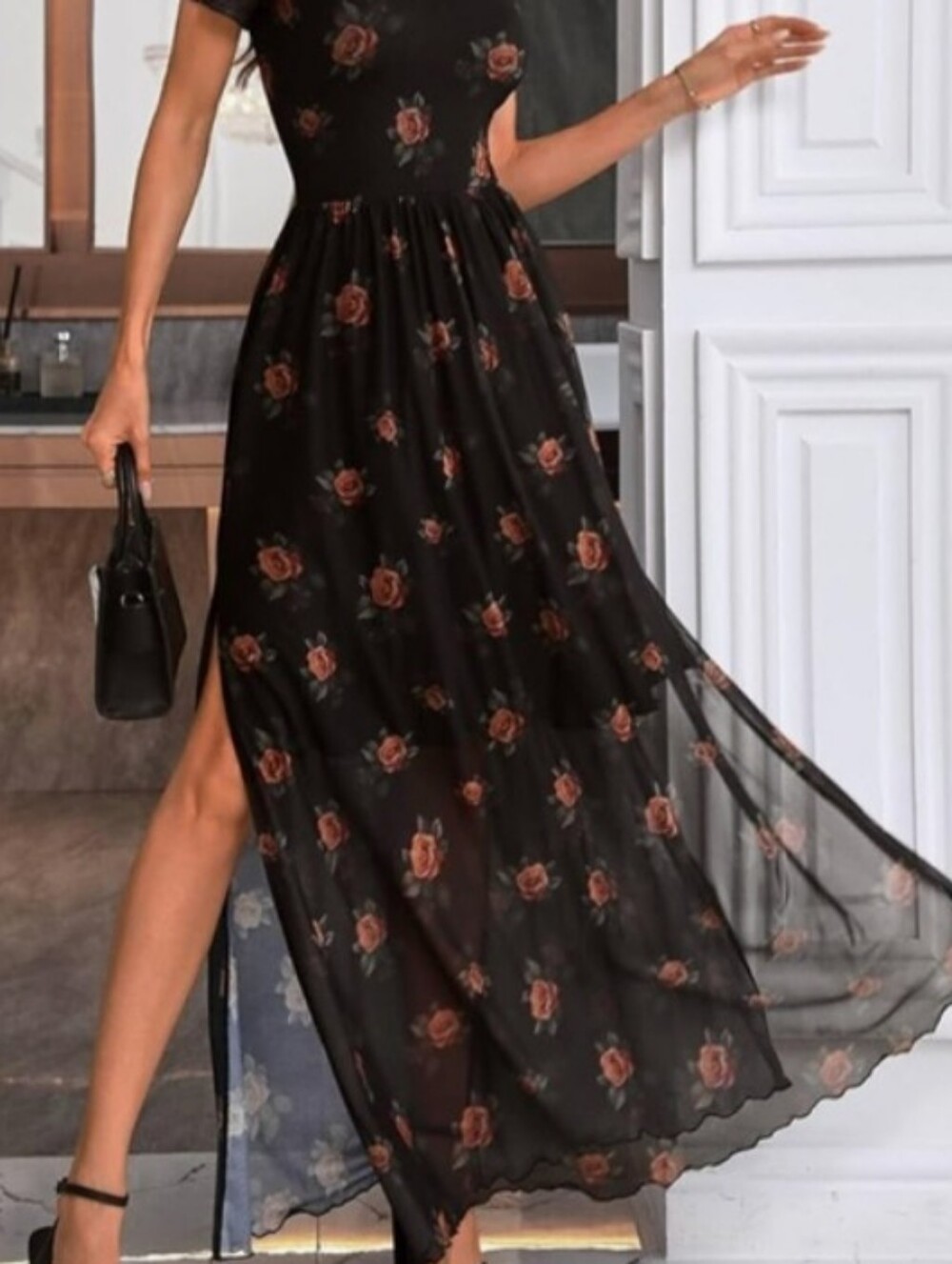 Elegant Gothic Romance style Sheer Mesh Floral Flowy Maxi Dress Size Medium